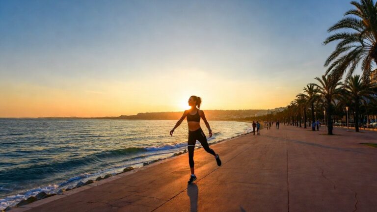 Femme marchant au bord de mer au coucher du soleil — Japanese Walking