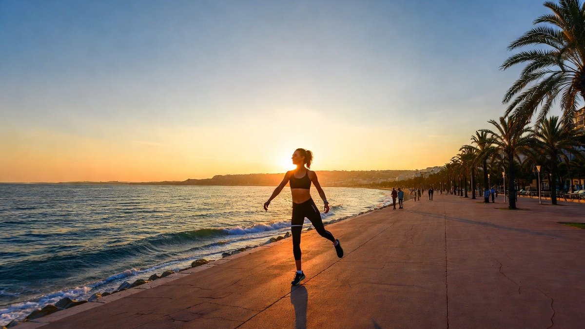 Femme marchant au bord de mer au coucher du soleil — Japanese Walking