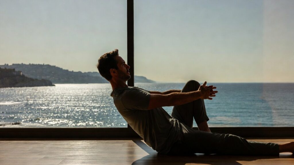 Homme pratiquant des étirements face à la mer — routine mobilité